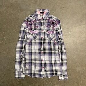 Roar Destined Womens Purple Plaid Embroidered Sequin Western Button Down Shirt
